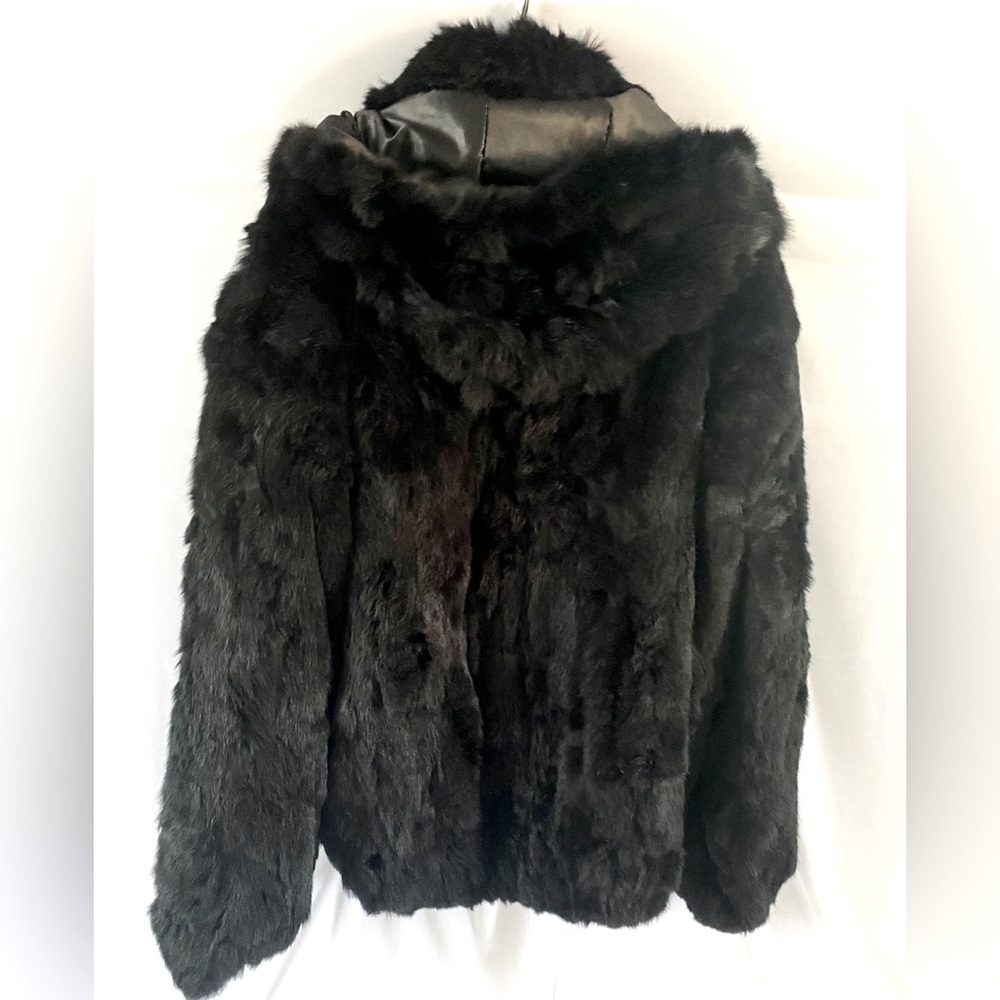 Che-Bella vintage fur coat black rabbit fur W HOOD! hoooded
